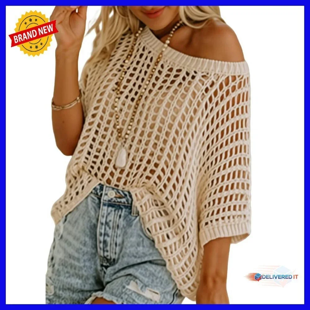 Crochet Hollow Out Sweater Coverup Lightweight Pullover Beach Resort Wear